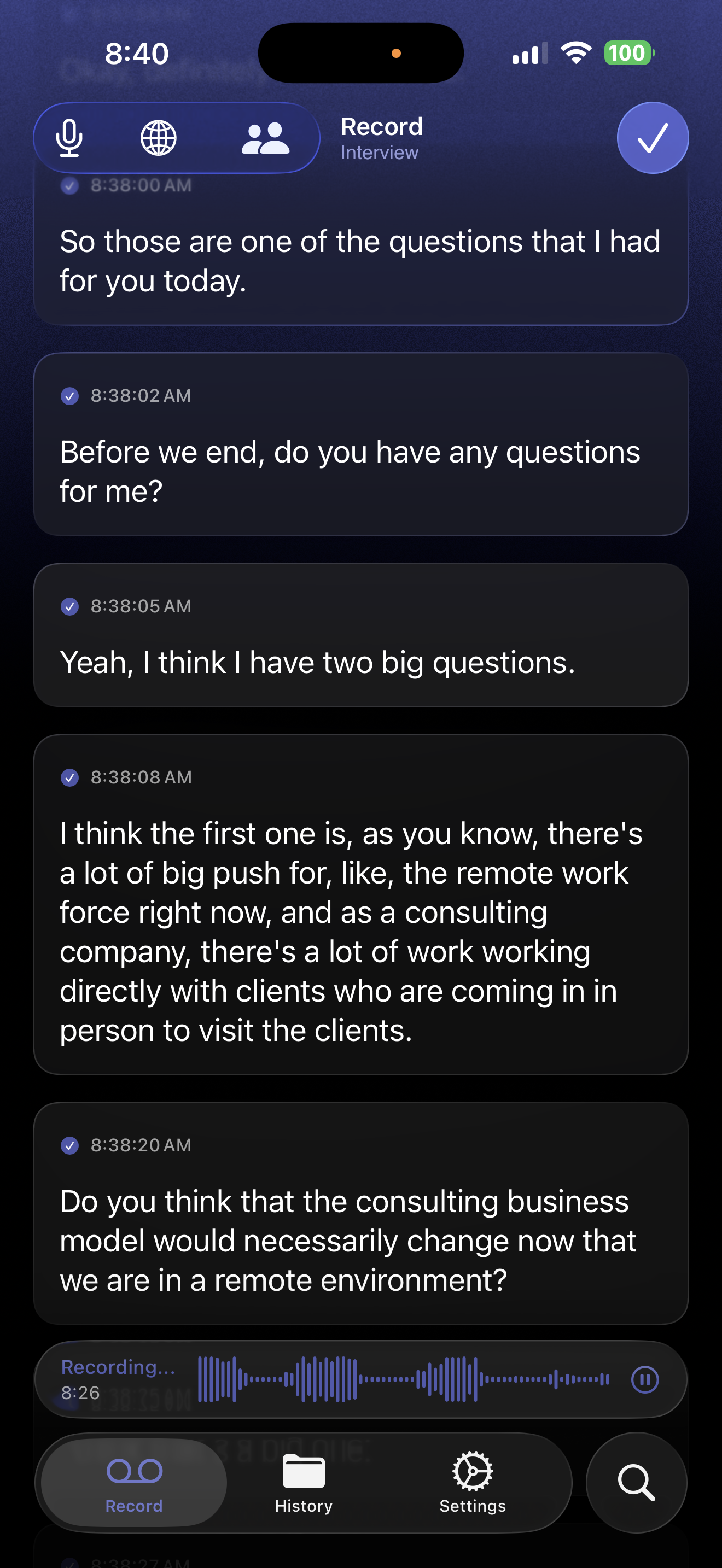 PrivaNota live recording UI