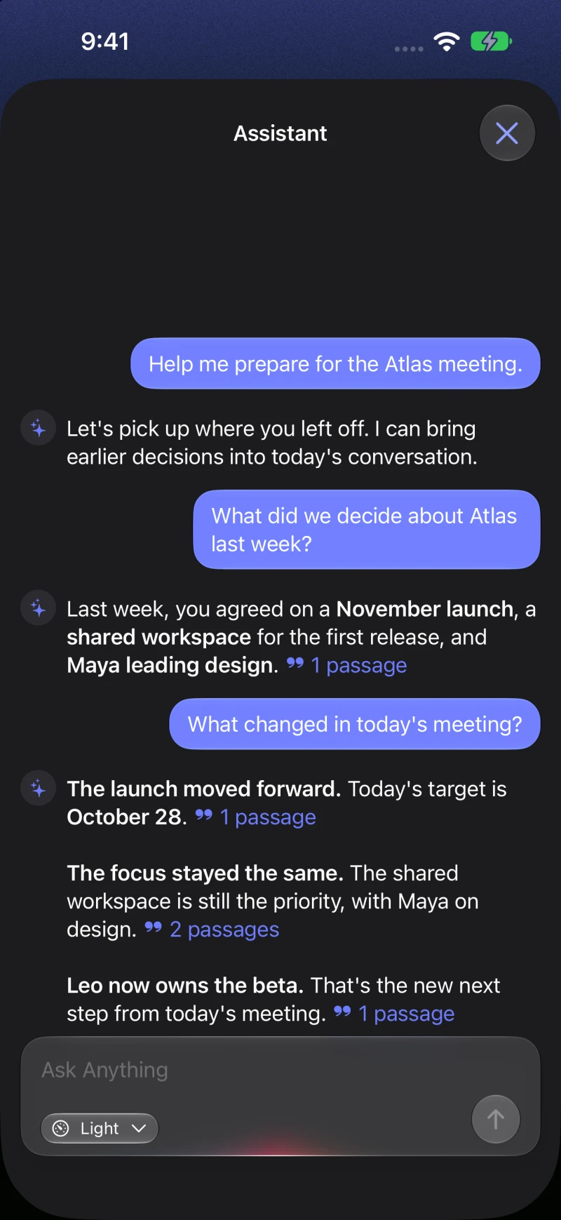 PrivaNota’s Assistant comparing decisions from two Atlas meeting notes, with citations to the source passages