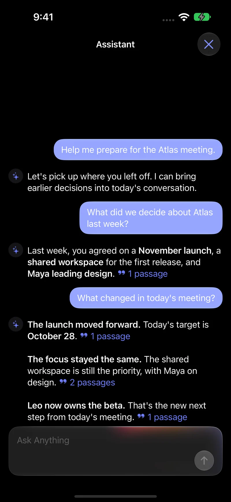 PrivaNota’s Assistant comparing decisions from two Atlas meeting notes, with citations to the source passages